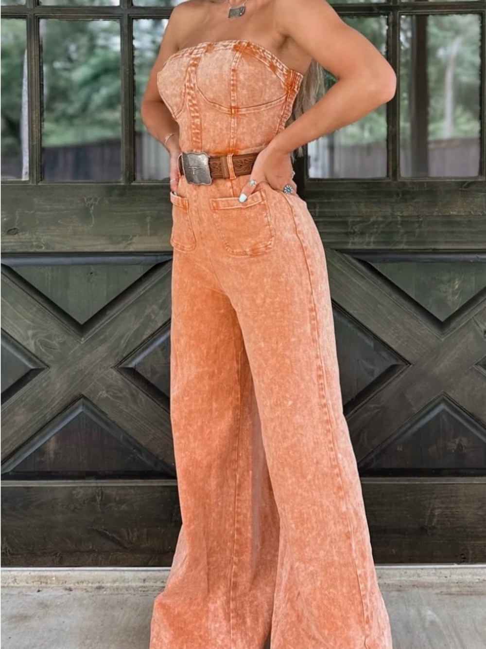 Washed Peach Strapless Wide-Leg Jumpsuit